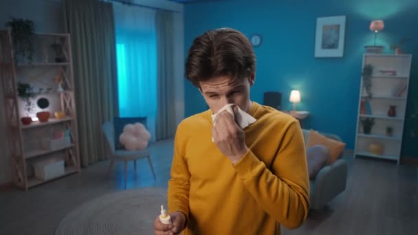 Man Cold Symptoms Standing Living Room Close Man Coughs Blows — Vídeo de stock