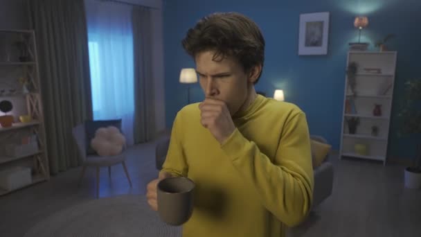 Man Cold Symptoms Drinks Warm Tea Lemon While Standing Living — Vídeos de Stock