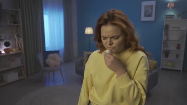 Woman Cold Symptoms Stands Living Room Close Woman Coughs Blows — Stock Video