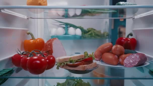 Kühlschrank Mit Gemüse Wurst Und Sandwich Den Regalen Innenansicht Die — Stockvideo