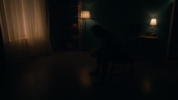 Devastated Lonely Woman Sits Her Head Bowed Chair Room Pitch — Stock Video