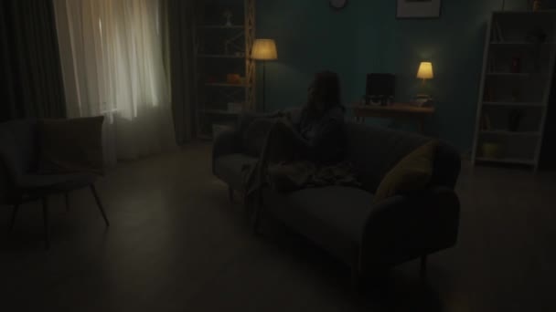 Devastated Lonely Woman Sitting Sofa Dark Room Woman Desperately Thinks — Stock Video