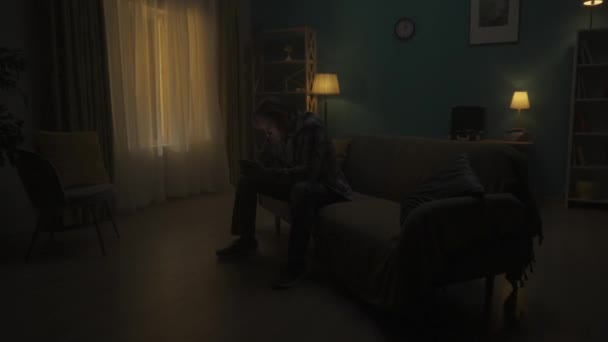 Smartphone Addiction Depression Young Man Sits Dark Room Sofa Phone — Stock Video