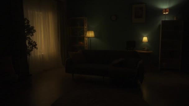 Het Interieur Van Kamer Ofwel Ondergedompeld Duisternis Verlicht Door Licht — Stockvideo