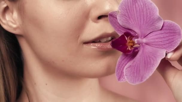 繊細なピンクの口紅と蘭の花がピンクのぼやけた背景に閉じ込められた女性の唇 美しい白い笑顔 完璧な女性の顔メイク リップスティック 化粧品 肌のコンセプト — ストック動画