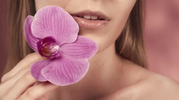 繊細なピンクの口紅と蘭の花がピンクのぼやけた背景に閉じ込められた女性の唇 美しい白い笑顔 完璧な女性の顔メイク リップスティック 化粧品 肌のコンセプト — ストック動画