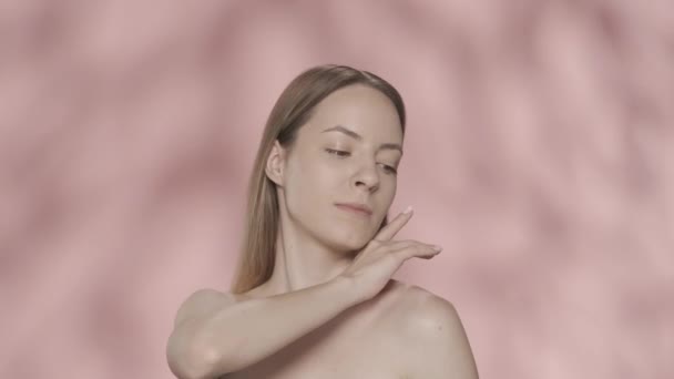 Woman Demonstrates Her Smooth Clear Healthy Skin Woman Touching Her — Stock Video