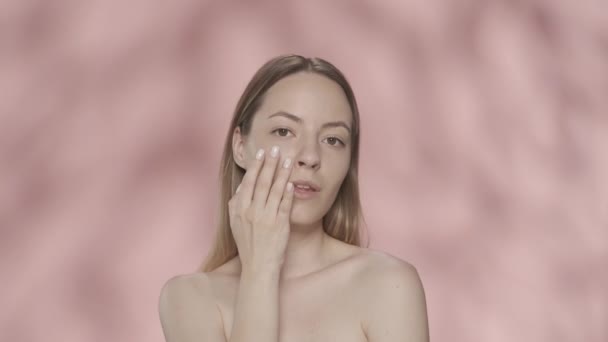 Woman Touches Skin Her Eyes Runs Her Hand Her Slender — Stock Video