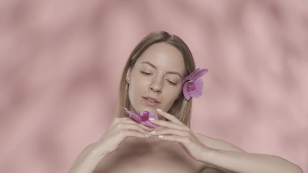 Woman Strokes Velvet Petals Orchid Flower Touches Flower Skin Her — Stock Video