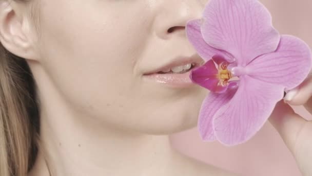 Hassas Pembe Rujlu Kadın Dudaklar Pembe Bulanık Arka Planda Orkide — Stok video