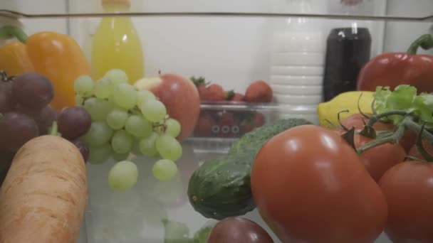 健全で健康的な食べ物が付いている閉鎖した冷蔵庫 内部の眺め 冷蔵庫は野菜や果物で満たされています 健康的な食べ物 ダイエットの概念 Hdr Bt2020 Hlg材料について — ストック動画