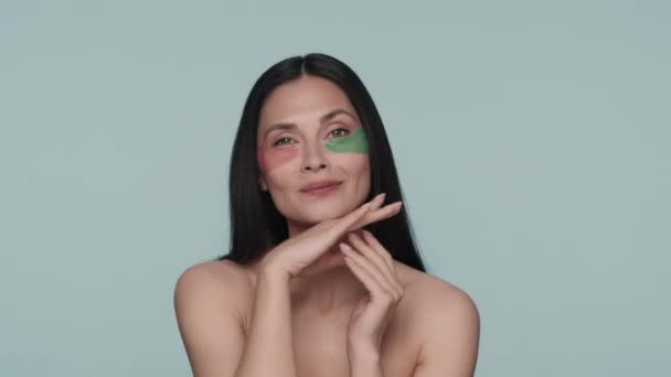 Portrait Seminude Woman Various Hyaluronic Patches Her Eyes Blue Background — Stock Video