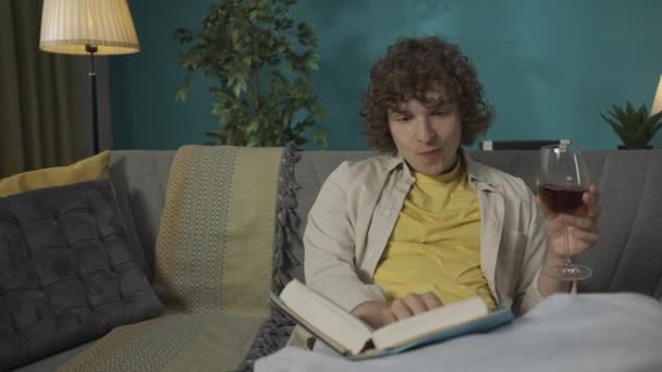 一个穿着休闲装的年轻男模坐在客厅沙发上看书的画像 拿着一杯红酒 业余时间在家做广告的概念 Hdr — 图库视频影像