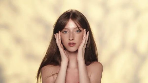 Egy Vonzó Női Modell Portréja Tökéletes Bőrrel Puha Sminkkel Közelkép — Stock Fotó
