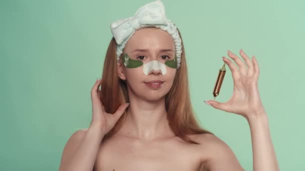 Woman Patches Eyes Plaster Blackheads Her Nose Hairband Green Screen — Stock Video