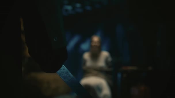 Horror Movie Scene Closeup Shot Focus Man Hand Knife Background — Stock Video