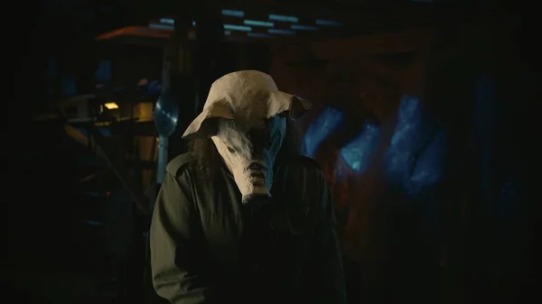 恐怖的电影场景 戴着动物面具的男人站在旧仓库里 一个戴着老式面罩的男模的近照 万圣节广告概念 — 图库照片