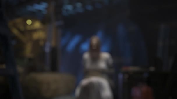 Horror Movie Scene Closeup Shot Focus Working Chainsaw Background Blonde — Stock Video