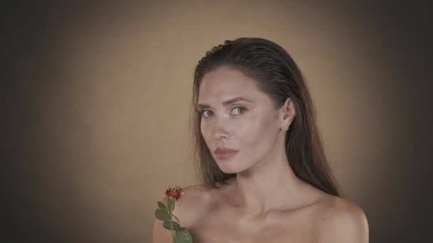 Retrato Mulher Morena Atraente Close Studio Shot Female Model Holding — Vídeo de Stock