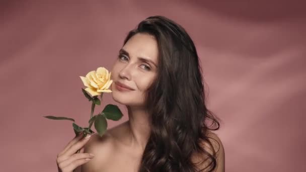 セミナーの女性は 長い茎の上に黄色いバラを保持しています 女性はピンクの背景にあるスタジオでバラの花びらをつかむ 春と夏のインスピレーション 化粧品のコンセプト — ストック動画