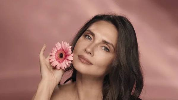 女性は彼女の完璧な顔の肌にゼラベラの花に触れます ピンクのバックグラウンドでスタジオに花を持った女性の肖像画 エキス 香りの化粧品 — ストック写真