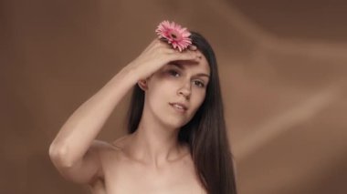 Bir kadın yüzüne, boynuna ve omuzlarına pembe bir gerbera çiçeğiyle dokunuyor. Genç bir seminer kadını mükemmel tenini kahverengi arka planda bir stüdyoda gösteriyor. Konsept: