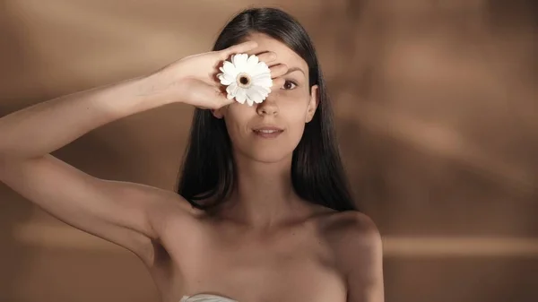 白いゲルベラの花で目を覆っている女性 ハイライトのあるブラウンの背景にあるスタジオのセミナーの女性 自然な女性の美しさ 目の輪郭ケアのための化粧品ライン — ストック写真