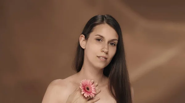 女性は胸にピンクのゲルベラの花を持って手を握ります 若いセミナーの女性は 茶色の背景にあるスタジオで彼女の完璧な肌を示しています ケアのコンセプト — ストック写真
