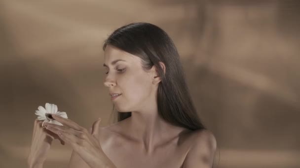 Una Mujer Toca Los Pétalos Una Gerbera Blanca Luego Acaricia — Vídeo de stock