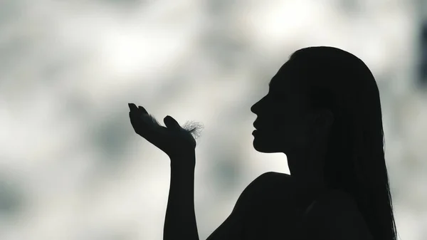 黒いシルエットの若い女性のサイドプロファイルビデオを閉じます 彼女の手のひらから小さな羽を吹き飛ばす 影の薄い緑の背景 レジャーや製品の広告 — ストック写真