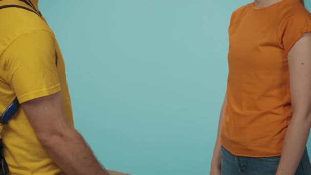 Closeup Shot Courier Service Concept Portrait Delivery Man Yellow Tshirt — Stock Video