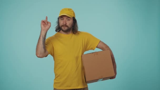 Courier Service Concept Portrait Delivery Man Yellow Cap Smiling Holding — Stock Video