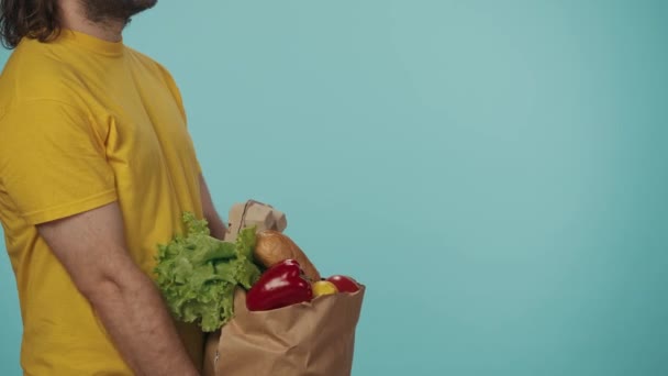 Closeup Shot Portrait Female Customer Taking Paper Bag Full Grocery — Stock Video