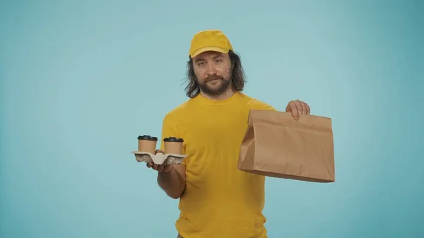 Courier Service Concept Portrait Delivery Man Yellow Cap Tshirt Posing — Stock Photo, Image