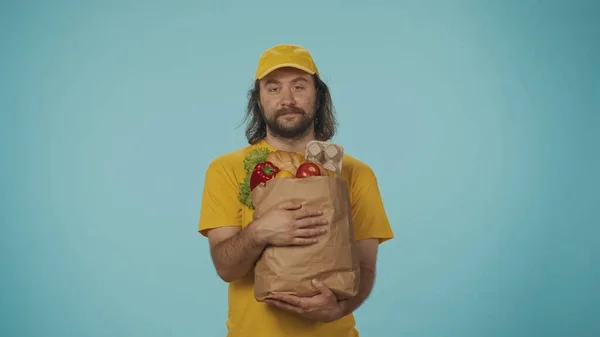 Food Market Courier Service Concept Portrait Delivery Man Yellow Cap — Stock Photo, Image