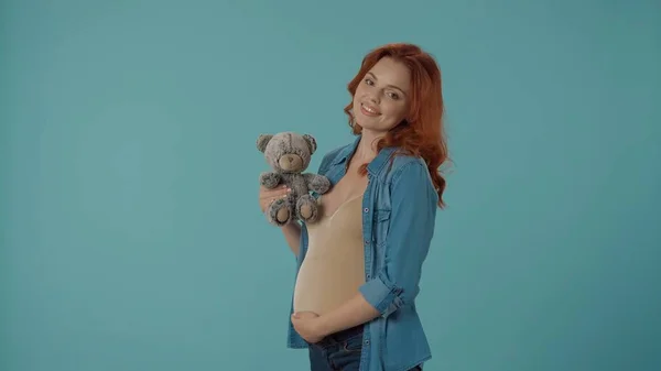 テディベアを持っている赤毛の若い妊婦 青い背景のスタジオに彼女の手におもちゃを持っている女性 感情的な愛する妊娠時間 ベイビーの期待 — ストック写真