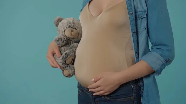 Pregnant Woman Strokes Her Bloated Stomach Love Tenderness Holding Teddy — Stock Photo, Image