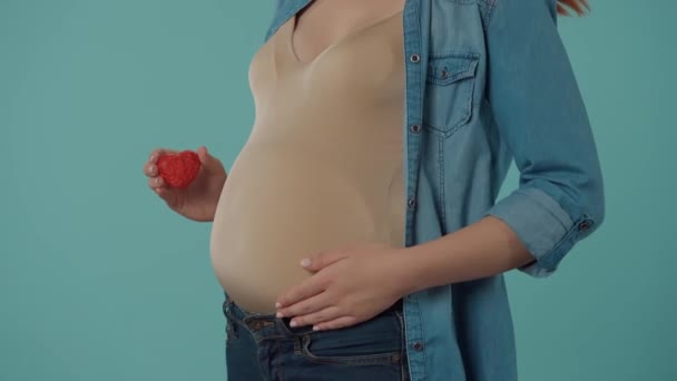 妊娠中の女性が彼女の大きな腹を打ち 赤い心臓の図を持っています 青い背景にあるスタジオの妊婦の血まみれの腹 そして愛の概念 — ストック動画