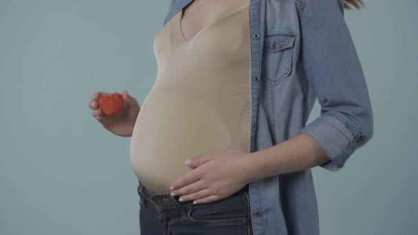 妊娠中の女性が彼女の大きな腹を打ち 赤い心臓の図を持っています 青い背景にあるスタジオの妊婦の血まみれの腹 そして愛の概念 — ストック動画