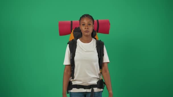 Kvinnlig Resenär Håller Hand Meditativ Ställning Och Tar Ett Djupt — Stockvideo