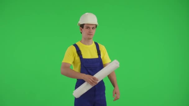 Écran Vert Moyen Isolé Chroma Vidéo Clé Jeune Ouvrier Construction — Video