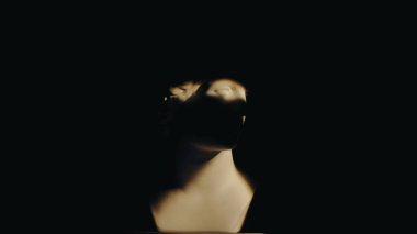 Seçici ışıklar altında antik tanrıça Venüs mermer heykelinin yakın çekimi. Siyah arka planda izole edilmiş Roma dönemi kadın büstü portresi. Yaratıcı soyut kavram.