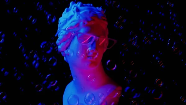 Closeup Shot Ancient Goddess Statue Glasses Soap Bubbles Flying Portrait — Stock Photo, Image