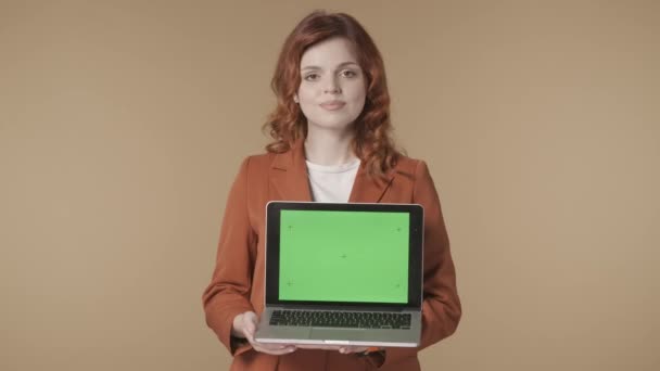 Medium Isolated Video Young Woman Smiling Giving Thumbs Holding Laptop — Stock Video