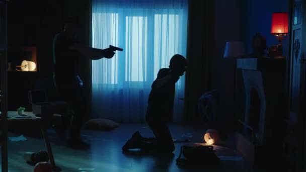 Arrest Robber Crime Scene Dark Apartment Lit Blue Red Light — Stock Video