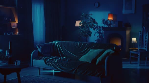 还有一个公寓的视频 一个晚上的公寓 房间里多盏灯的光线低低低的闷气 房间里的沙发 壁炉和其他家具 午夜过后 — 图库视频影像