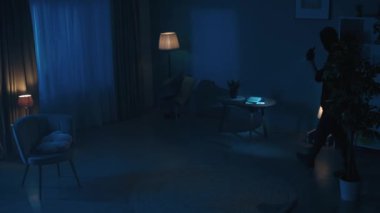 Karanlık dairede el fenerleriyle dolaşan iki hırsızın videosu. Kamera kapanır ve yan koltukta uyuyan ev sahibini, kiracıyı gösterir. Güvenlik ya da güvenlik birimi.