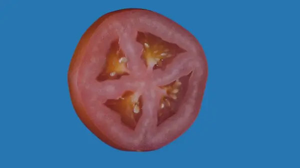 健康的水果和蔬菜创意概念 蔬菜与彩色屏幕的对比 Closeup Studio Shot Red Tomato Slice Isolated Blue — 图库照片