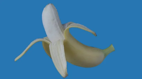 果物や野菜を健康的に食べるクリエイティブなコンセプト 着色されたスクリーンに対するフルーツ ブルーの背景に隔離された熟した半分開いたバナナのクローズアップスタジオショット — ストック写真