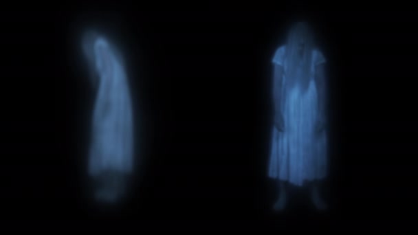 全长视频拍摄了两个女性形象 多面手 鬼影轮廓 全息图在前面和侧面 黑色背景 把它装进你的夹子里 恐怖的 超自然的 — 图库视频影像